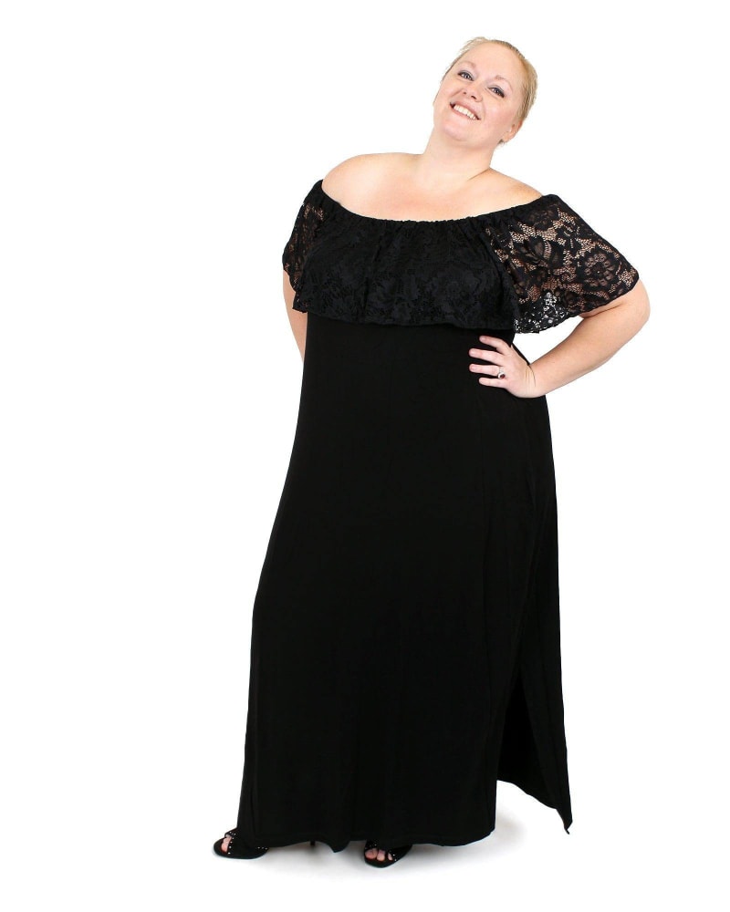 Front of a model wearing a size L Anna Lace Maxi Dress in Black by Undersummers. | dia_product_style_image_id:243399
